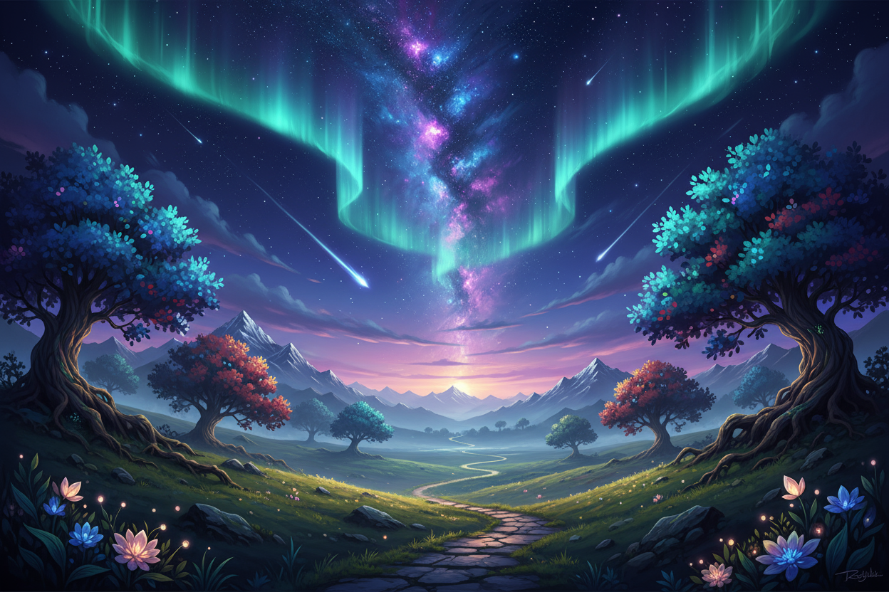 A highly detailed, ethereal fantasy landscape at twilight. A vibrant, glowing Milky Way stretches across a deep blue and purple night sky with hints of a green aurora. A few bright shooting stars streak across the heavens. Rolling green hills with patches of golden light are traversed by a winding stone pathway that leads into the distance. Distinctive, stylized trees with full canopies are scattered across the landscape. In the foreground, small, glowing flowers are visible. Distant majestic mountains or r